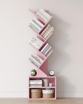 SUNMORY 6-tier tree bookshelf front view pink showing compact storage for small spaces