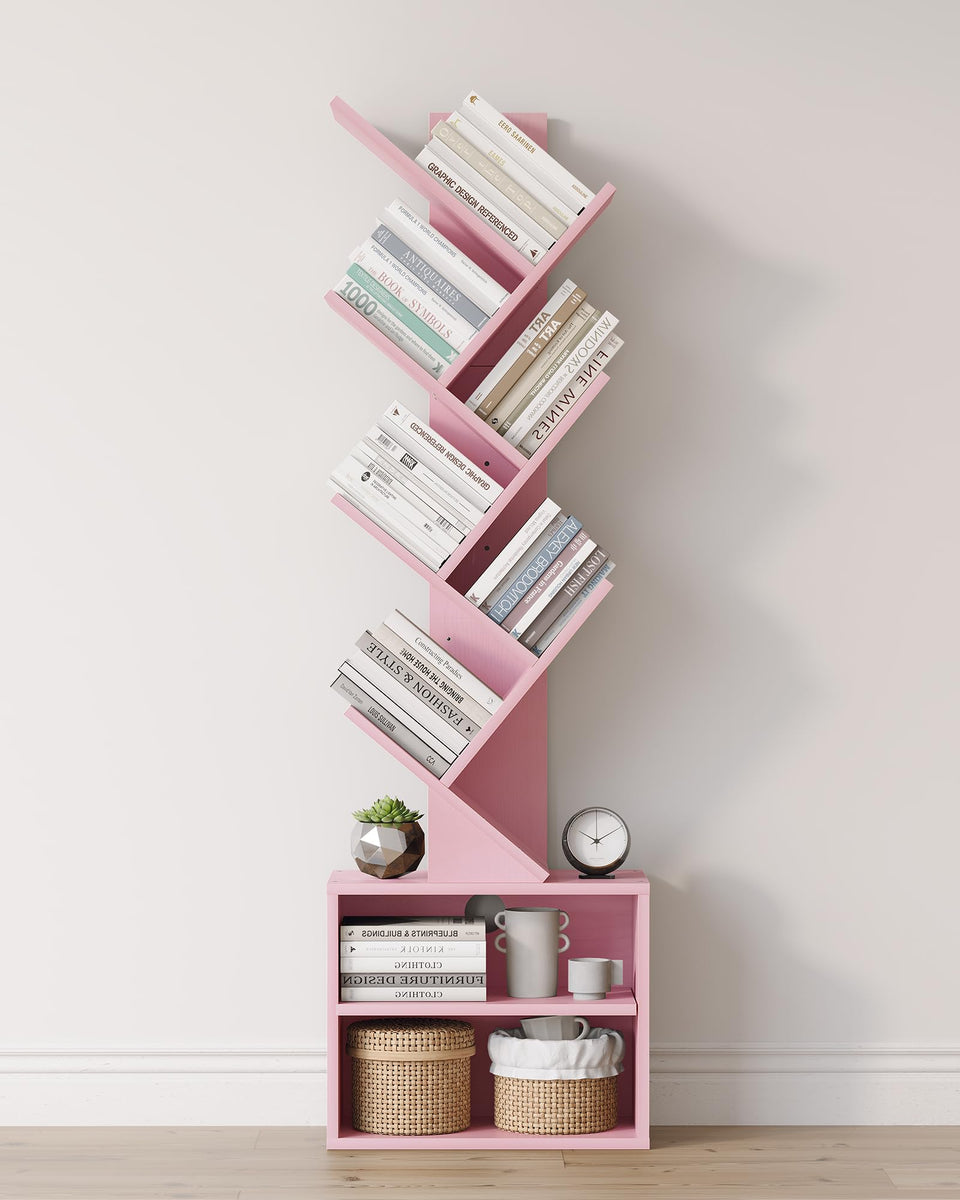 SUNMORY 6-tier tree bookshelf front view pink showing compact storage for small spaces