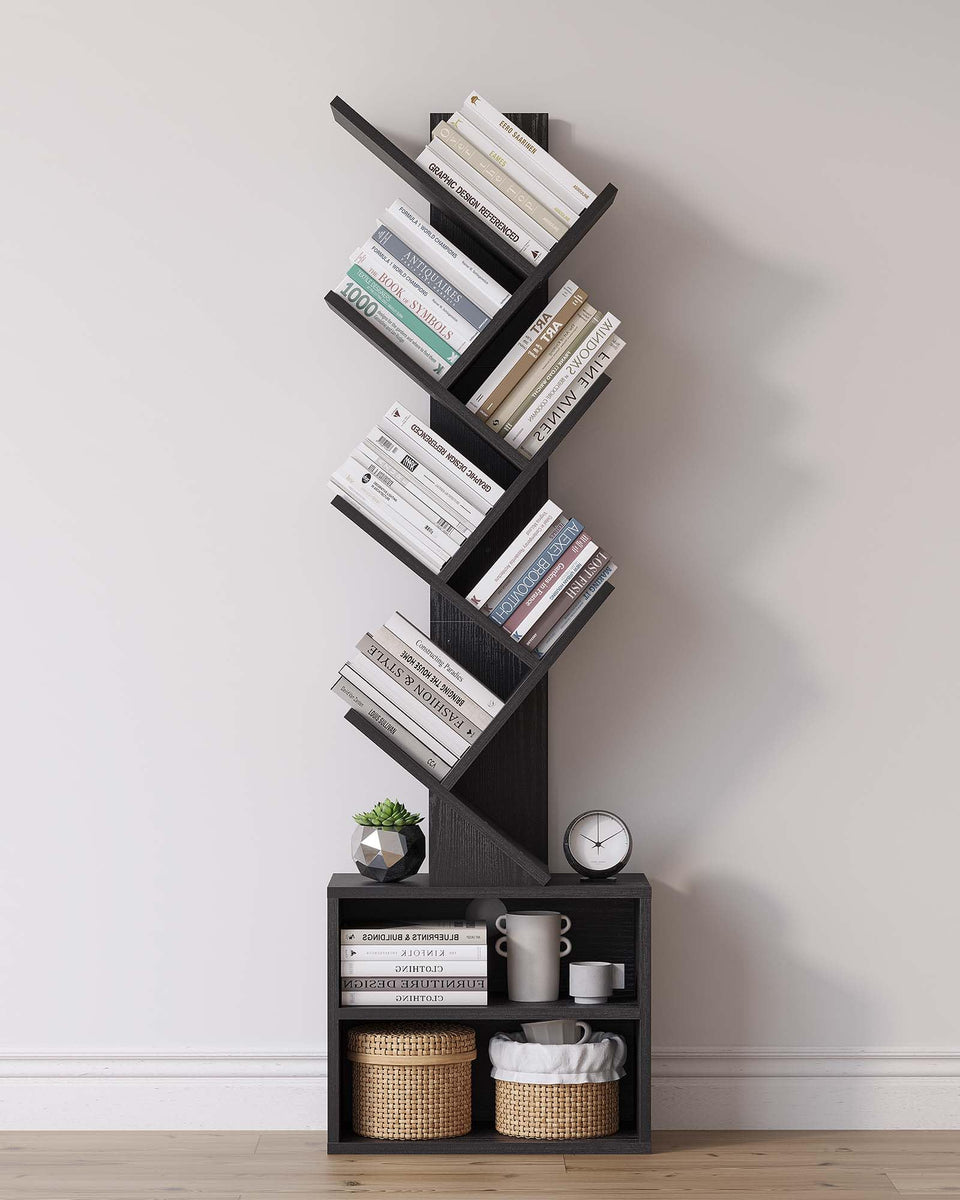 SUNMORY 6-tier tree bookshelf front view displaying organized shelves and decor.