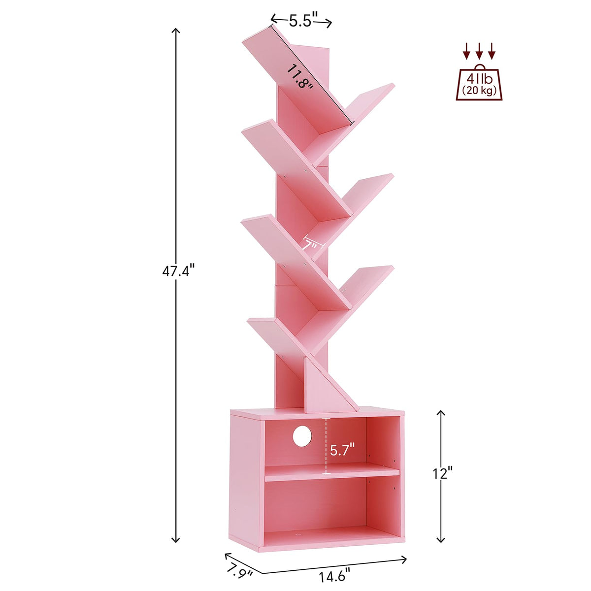 SUNMORY pink tree bookshelf in living room showing versatile use