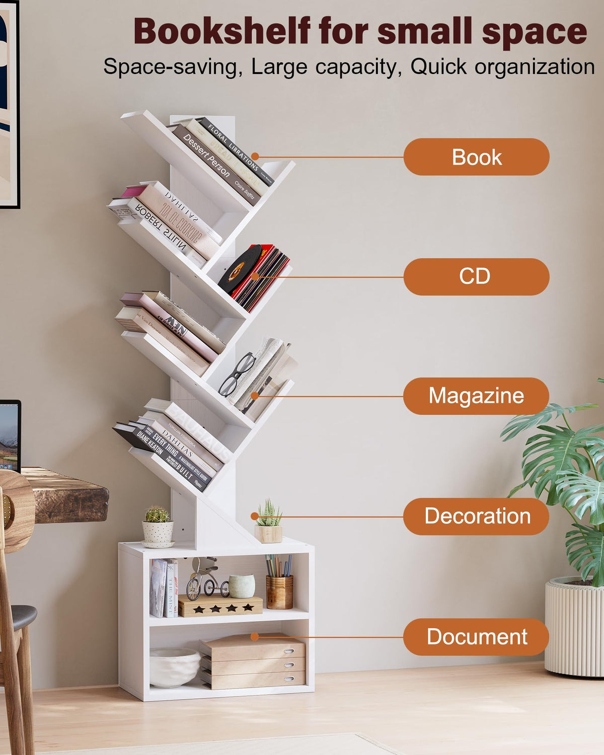SUNMORY 6-Tier Tree Bookshelf in living room demonstrates stylish rustic-modern blend.