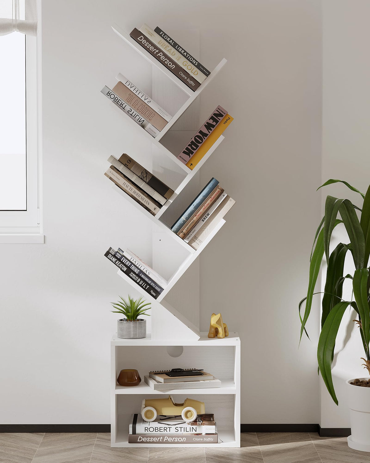 SUNMORY 6-Tier Tree Bookshelf close-up shows sturdy MDF construction.