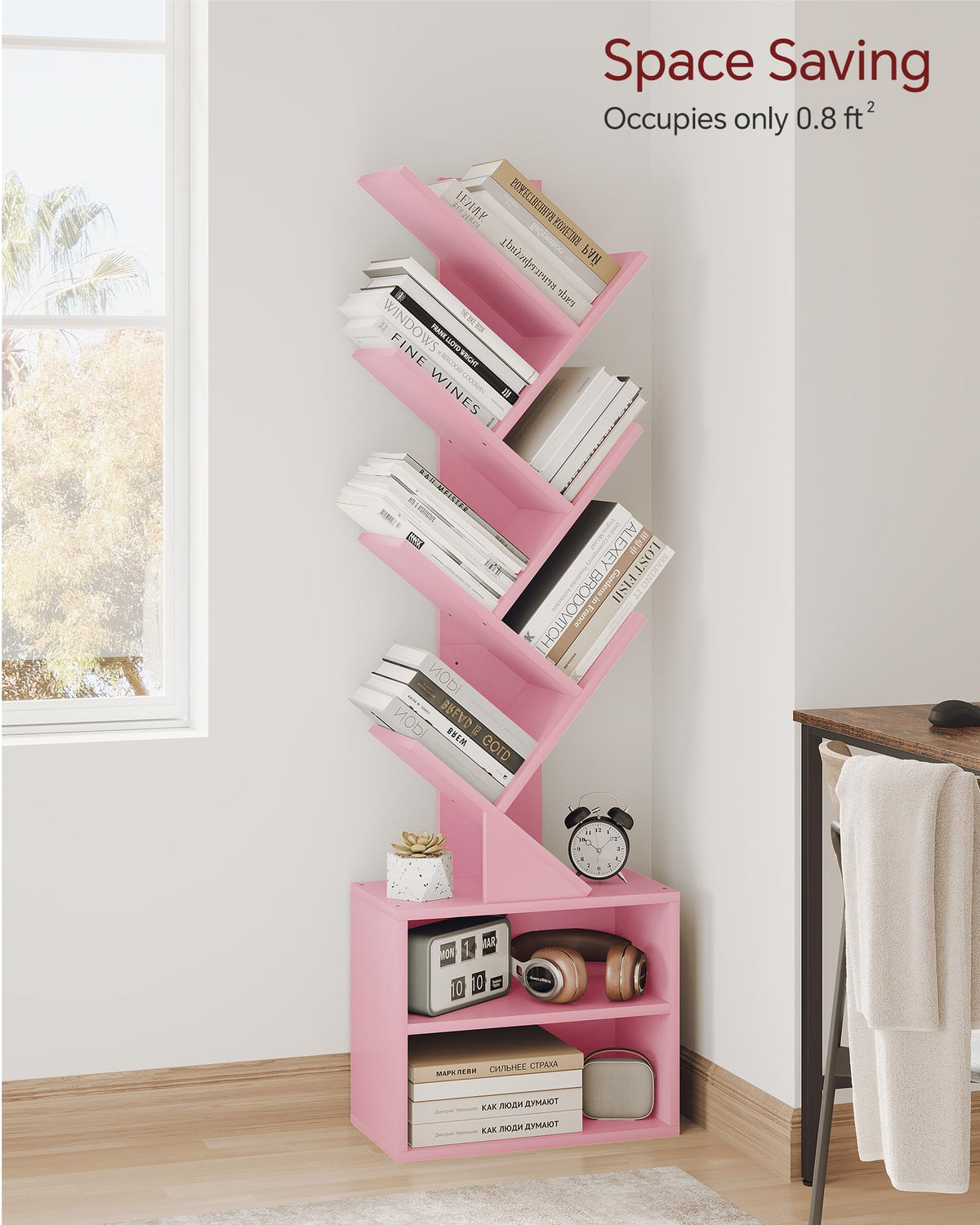 SUNMORY pink tree bookshelf side view highlighting tall display options