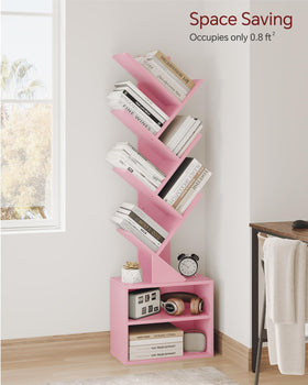 SUNMORY pink tree bookshelf side view highlighting tall display options