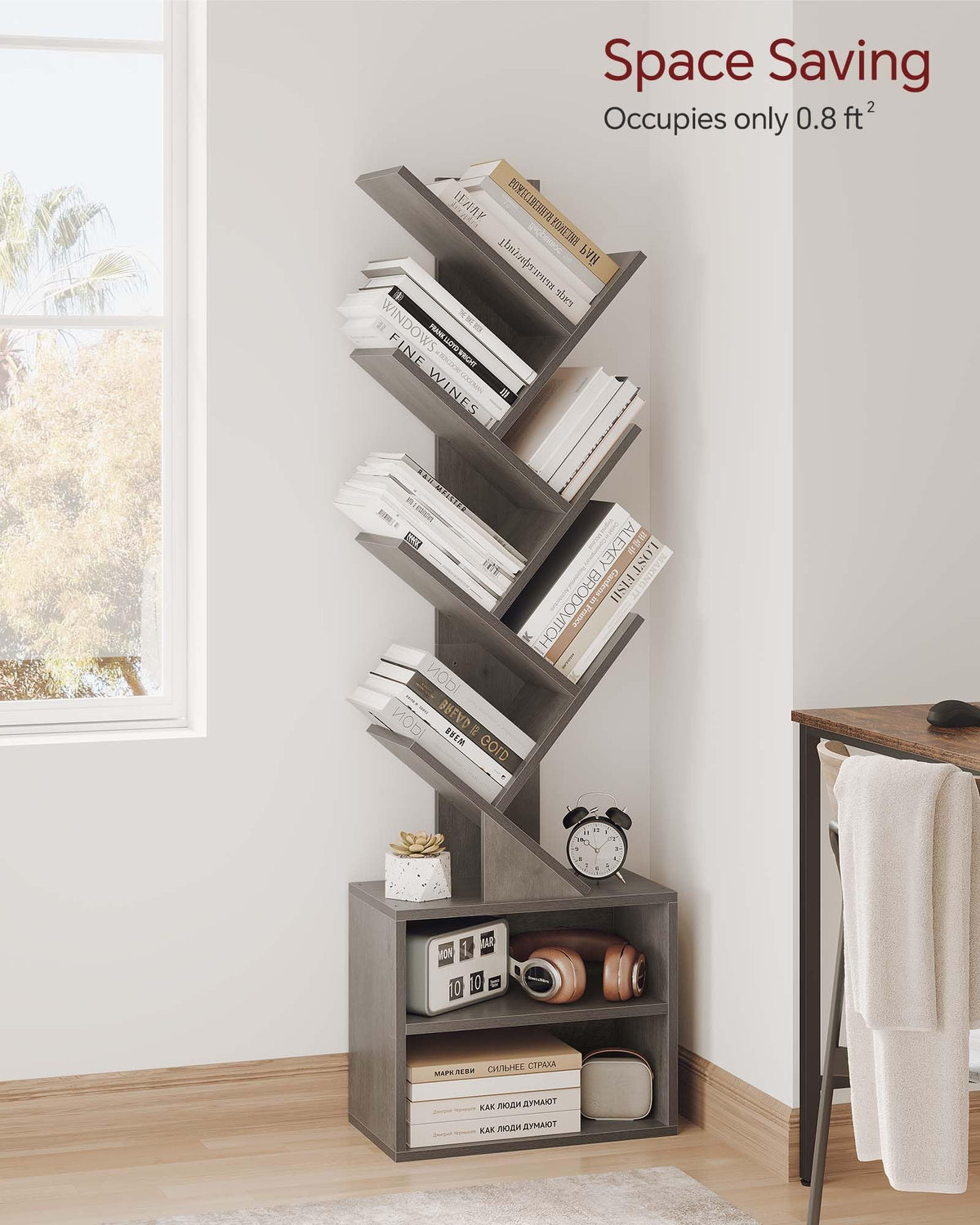 SUNMORY 6-tier tree bookshelf side view demonstrates stability and craftsmanship
