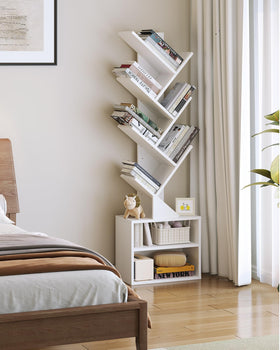 SUNMORY 6-Tier Tree Bookshelf side view highlights slim profile for corners.