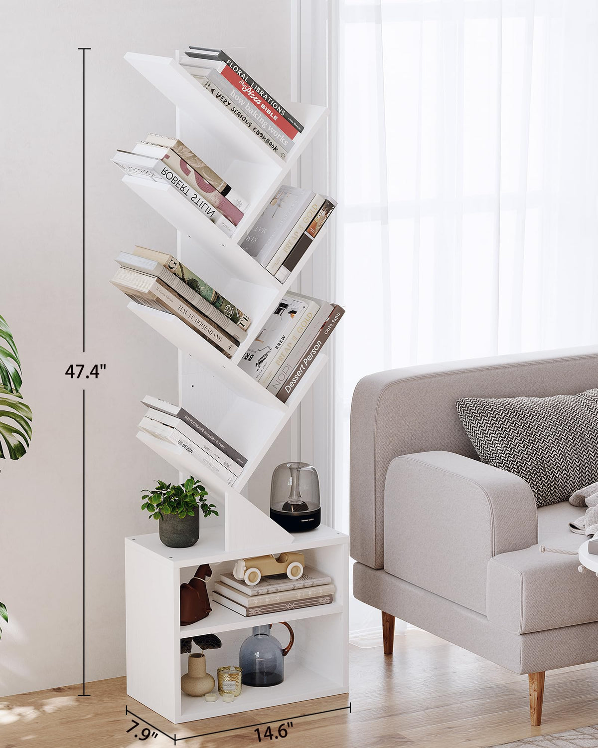 SUNMORY 6-Tier Tree Bookshelf anti-tip detail ensures safer wall placement.