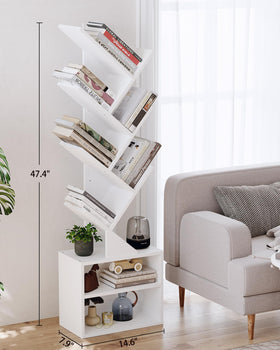 SUNMORY 6-Tier Tree Bookshelf anti-tip detail ensures safer wall placement.