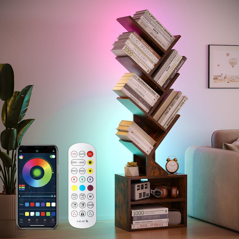 SUNMORY 6-tier tree bookshelf with LED lights creates ambient glow in living room