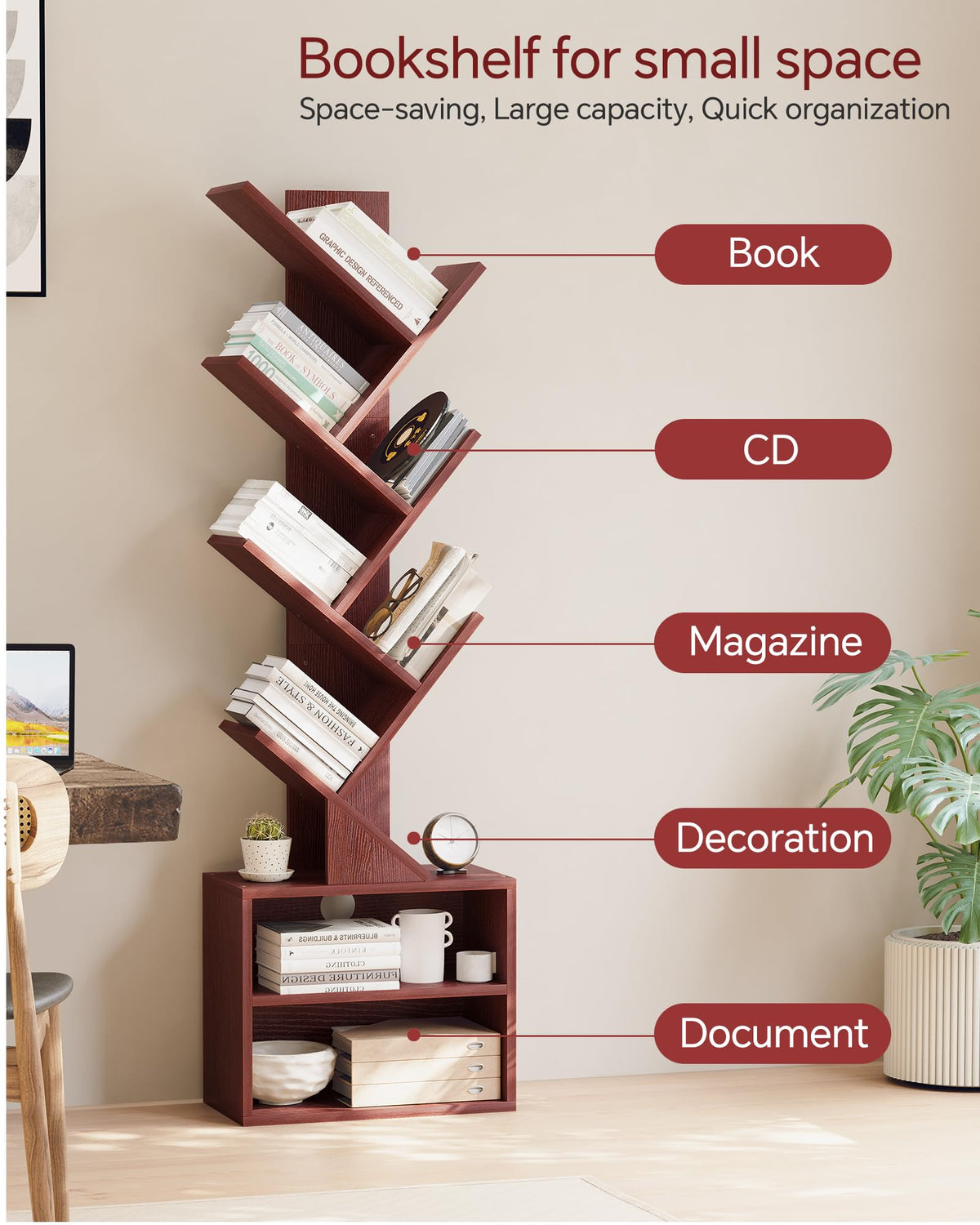 SUNMORY tree bookshelf drawers closeup showing versatile storage.