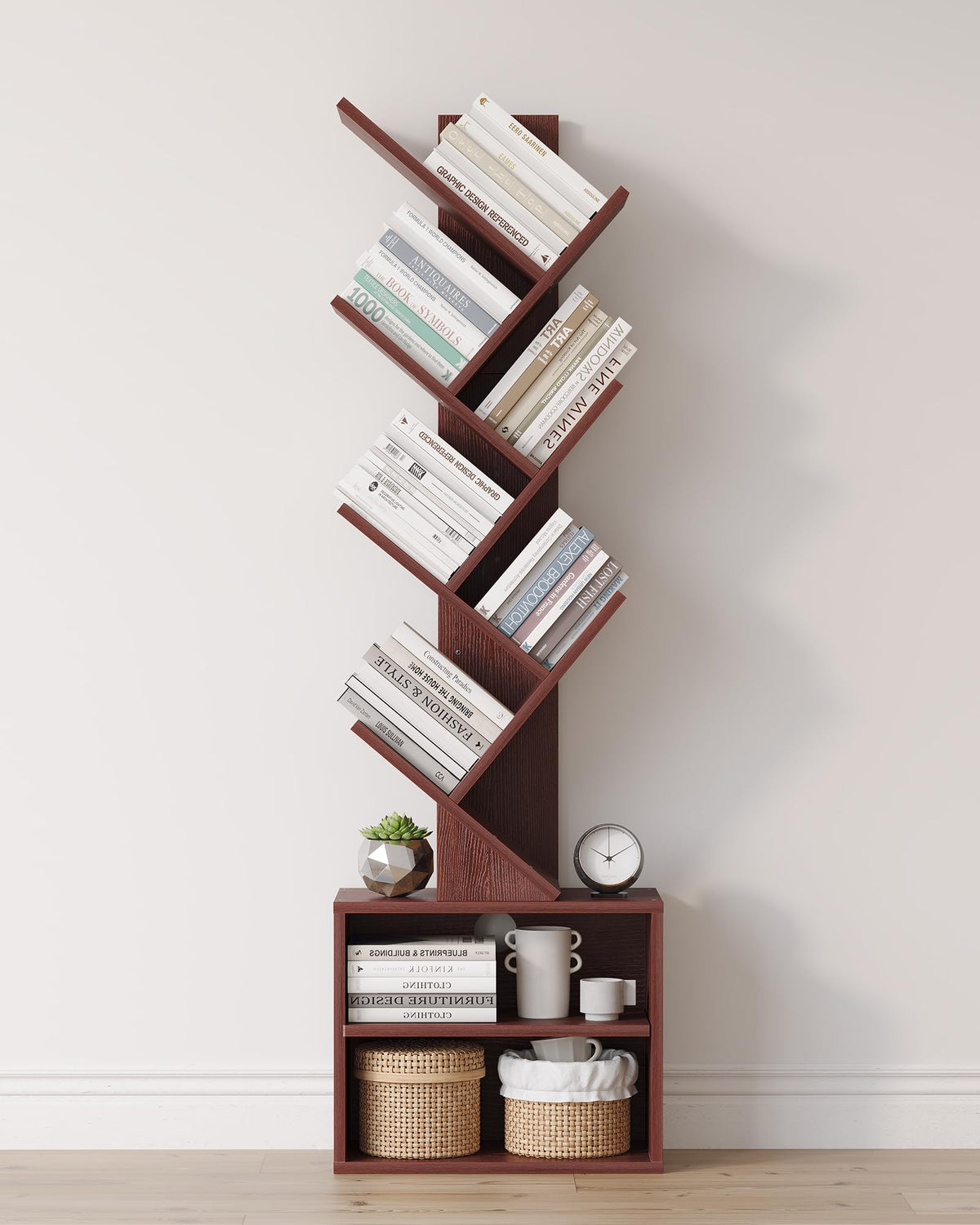 SUNMORY tree bookshelf front view shows slim footprint and robust storage.