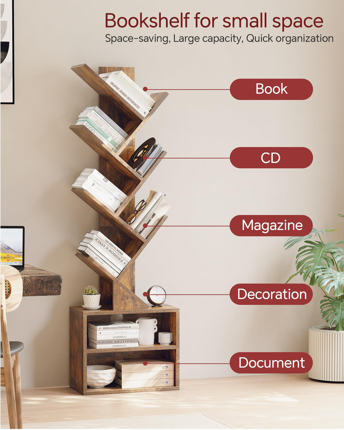 SUNMORY bookshelf placed in a living room corner for organization