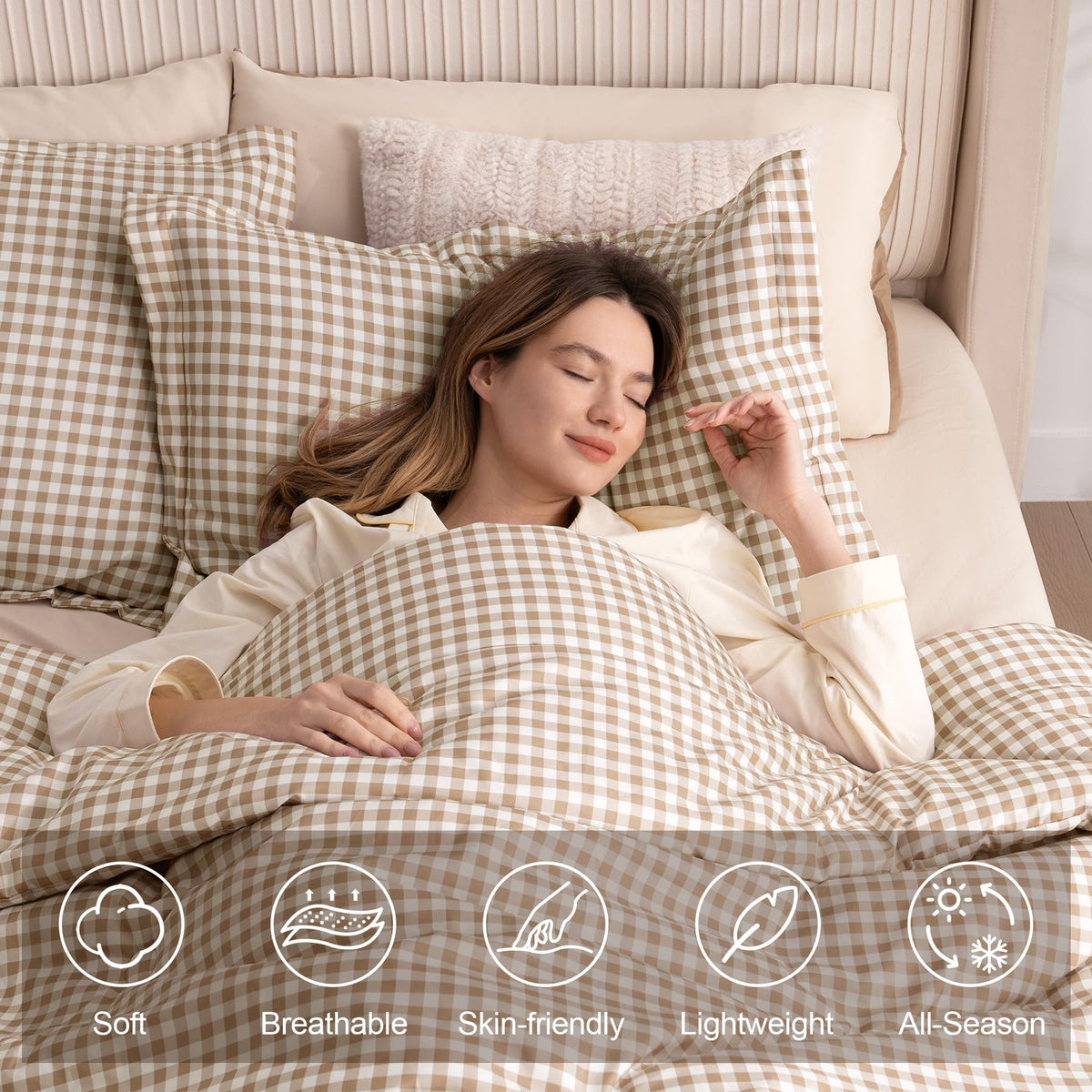 SunNewt plaid pattern close-up highlighting mocha gingham lines and texture for a timeless bedroom look.