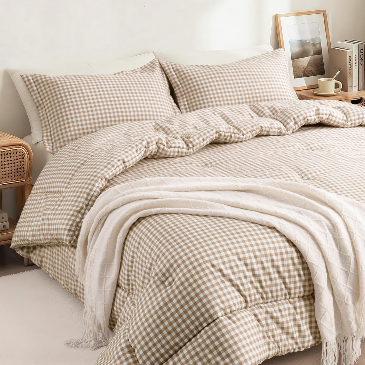 SunNewt Queen Comforter Set appearance shows timeless tan plaid and premium plush fill for cozy all-season comfort.