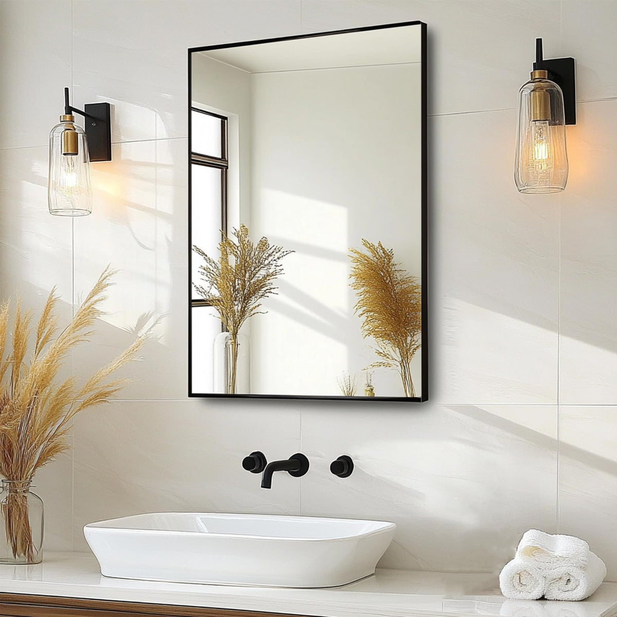 Sunniry wide-view bathroom mirror enhances space with versatile placement.