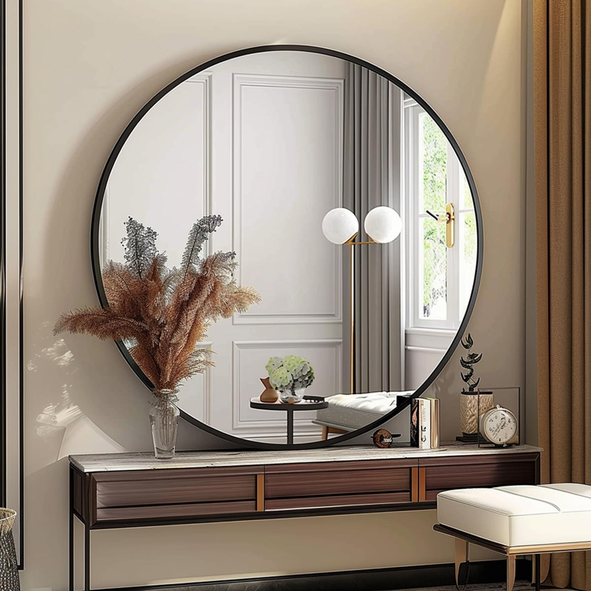 Sunniry black bathroom round mirror brightens small spaces with a modern focal point.
