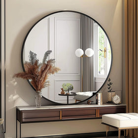 Sunniry black bathroom round mirror brightens small spaces with a modern focal point.
