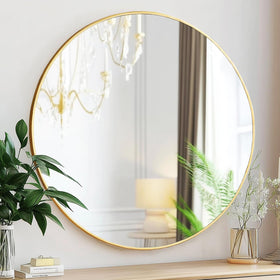 Sunniry gold round mirror 24in enhances bathroom brightness with brushed frame