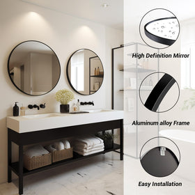 Sunniry matte aluminum frame round mirror adds durable, rust-resistant style to bathrooms.