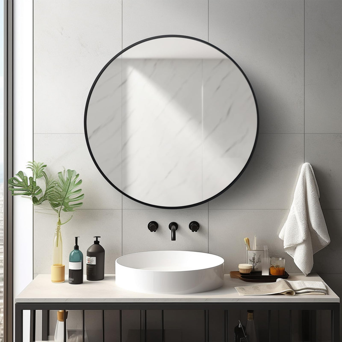 Sunniry circle mirror with matte metal frame for durable bathroom use