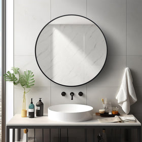 Sunniry circle mirror with matte metal frame for durable bathroom use