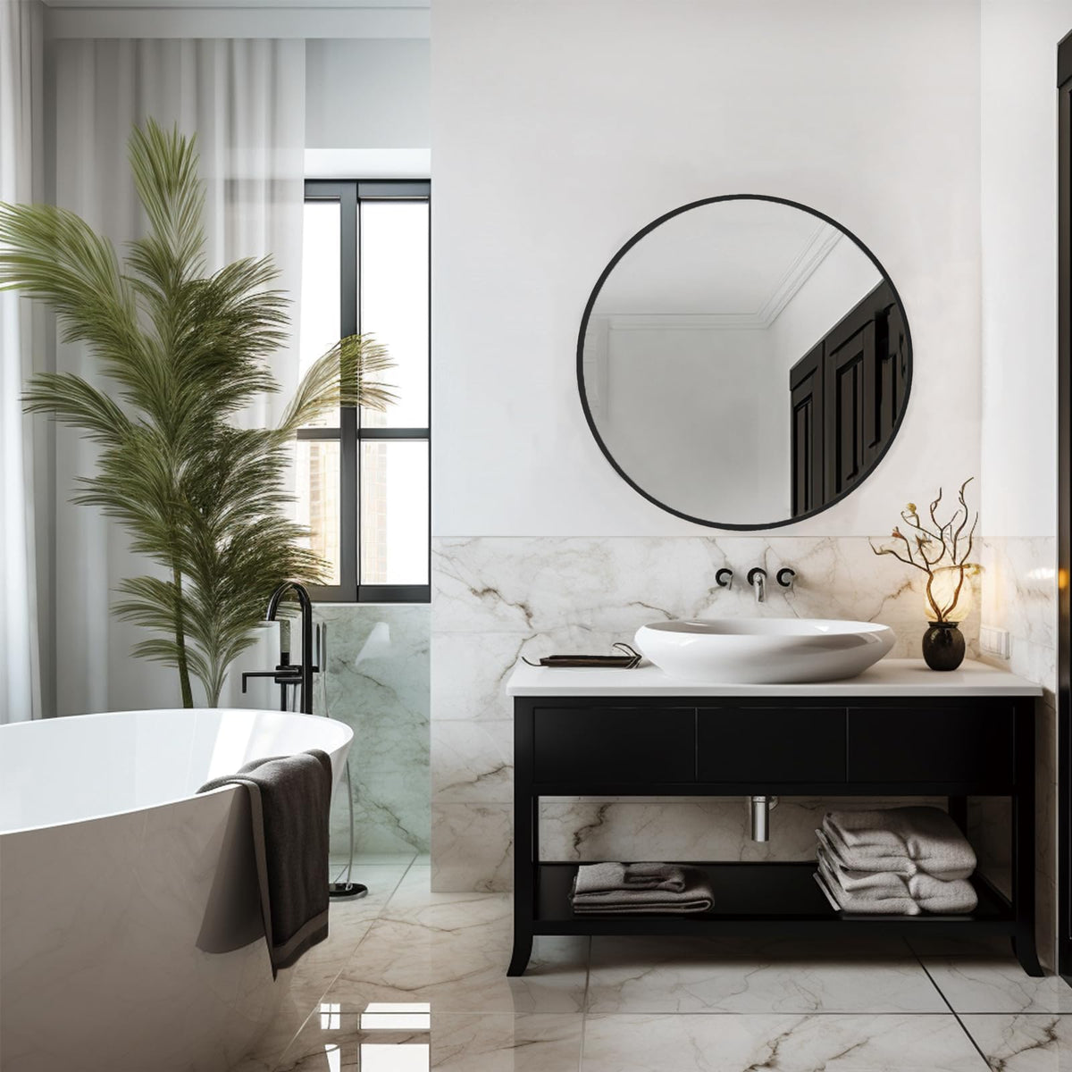 Sunniry round bathroom mirror 22-inch with bright reflections
