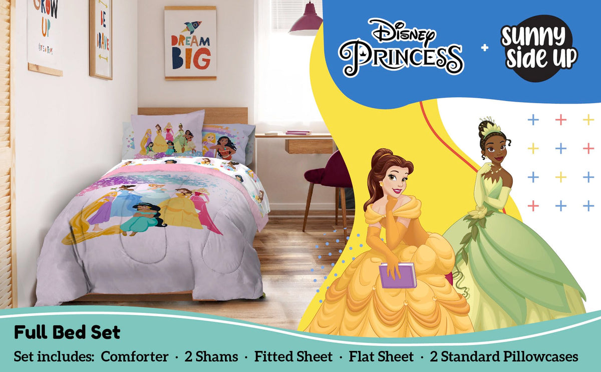 Sunny Side Up Disney Princess fitted sheet close-up highlights breathable year-round comfort.