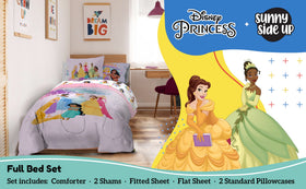 Sunny Side Up Disney Princess fitted sheet close-up highlights breathable year-round comfort.