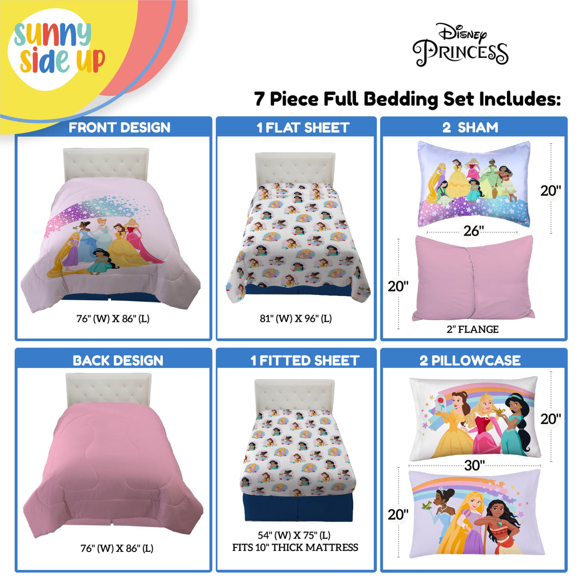 Sunny Side Up Disney Princess flat sheet image with vibrant colors for playful decor.