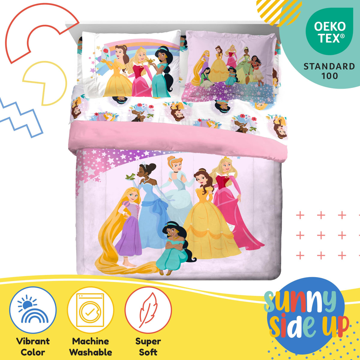 Sunny Side Up Disney Princess pillowcase close-up emphasizes soft texture and care.