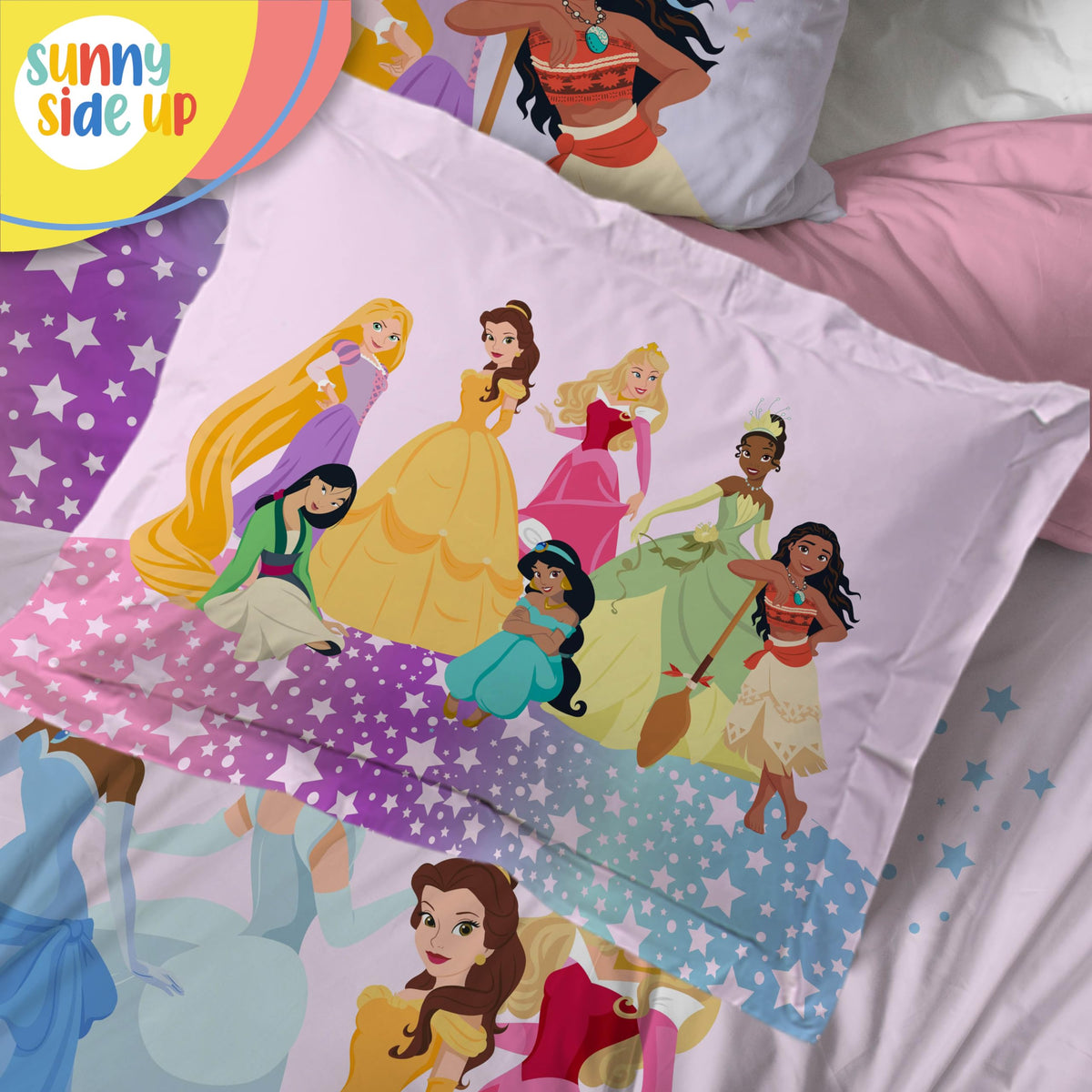 Sunny Side Up Disney Princess display image shows rainbow stars on a cozy bed.