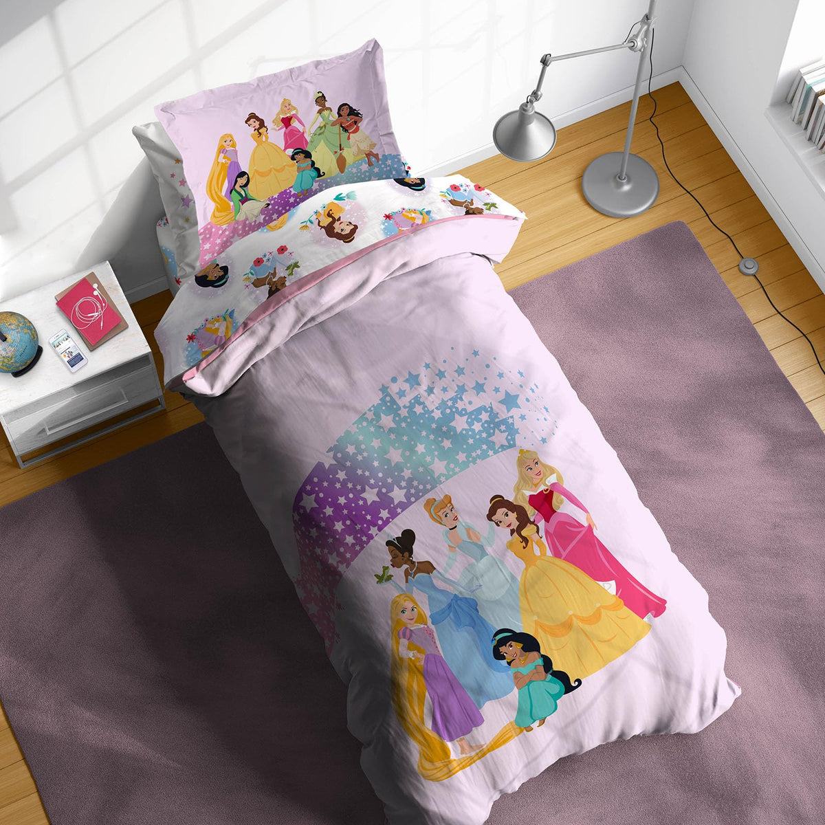 Sunny Side Up Disney Princess twin comforter set on bed, styled for easy bedtime decorating.