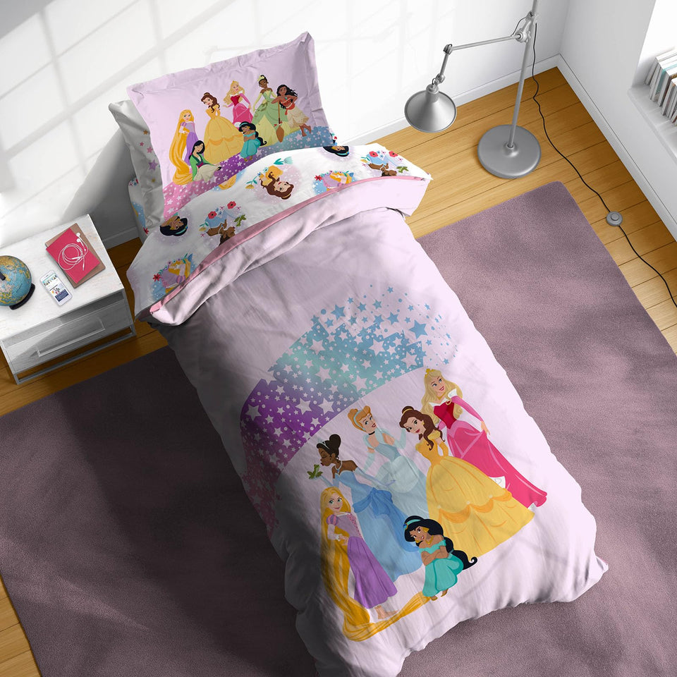 Sunny Side Up Disney Princess twin comforter set on bed, styled for easy bedtime decorating.
