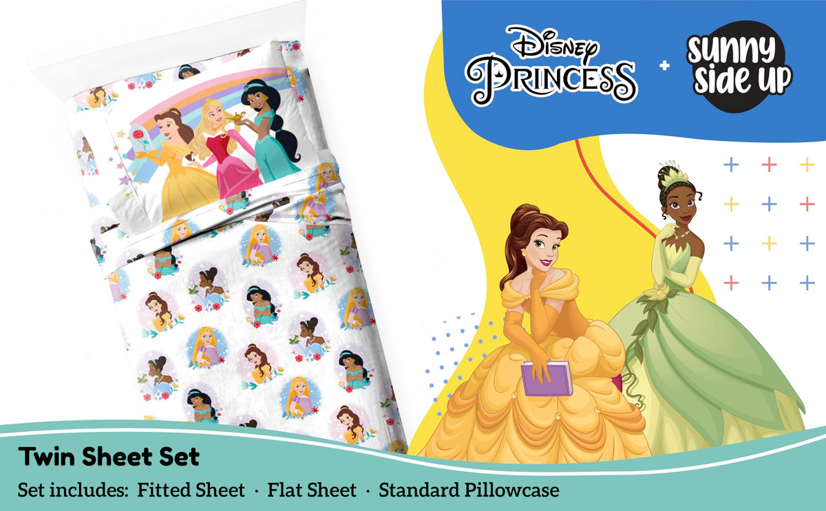 Sunny Side Up Disney Princess twin sheet flat sheet laid out for easy bedmaking