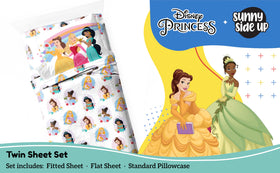 Sunny Side Up Disney Princess twin sheet flat sheet laid out for easy bedmaking
