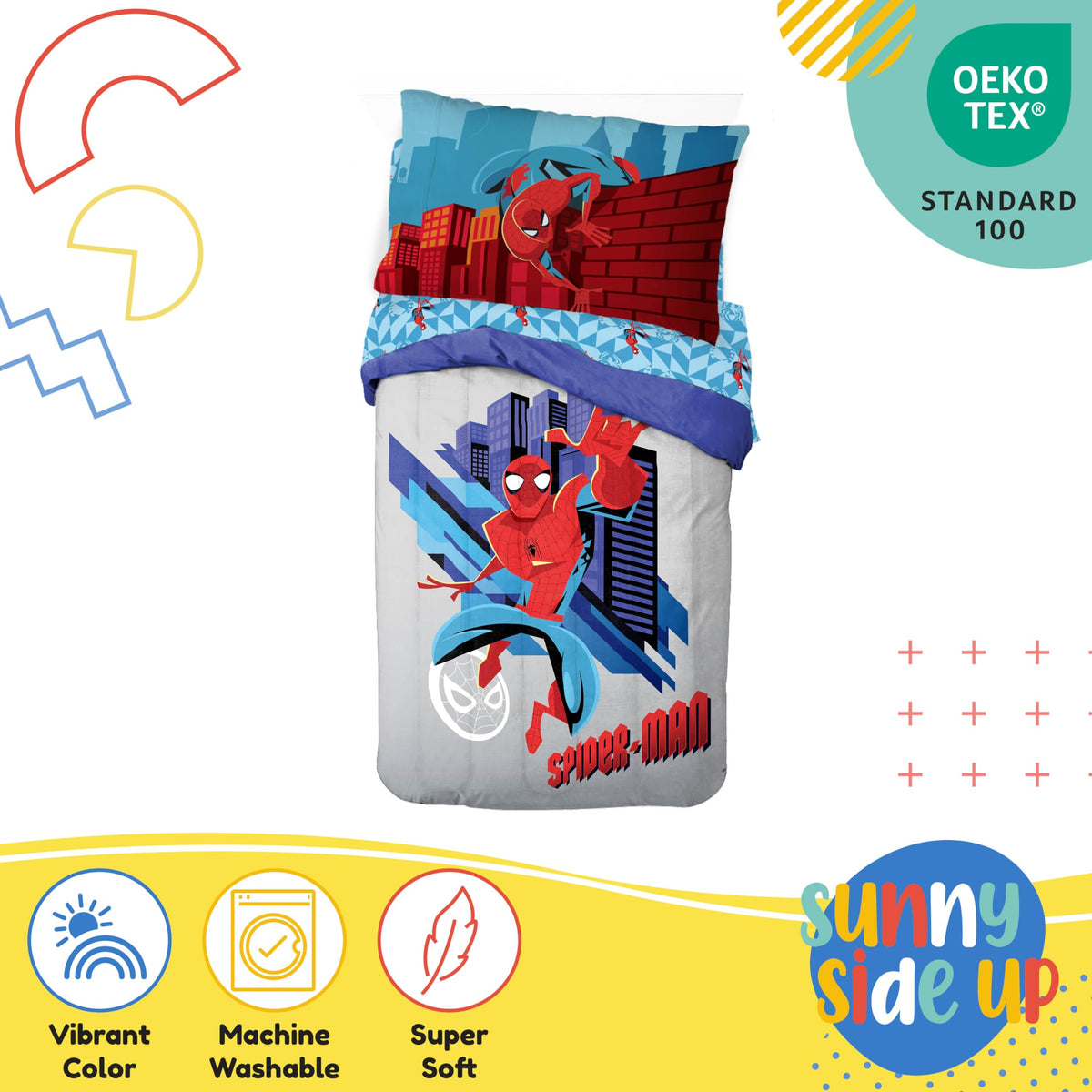 Sunny Side Up Spiderman flat sheet spread showing durable easy-care fabric