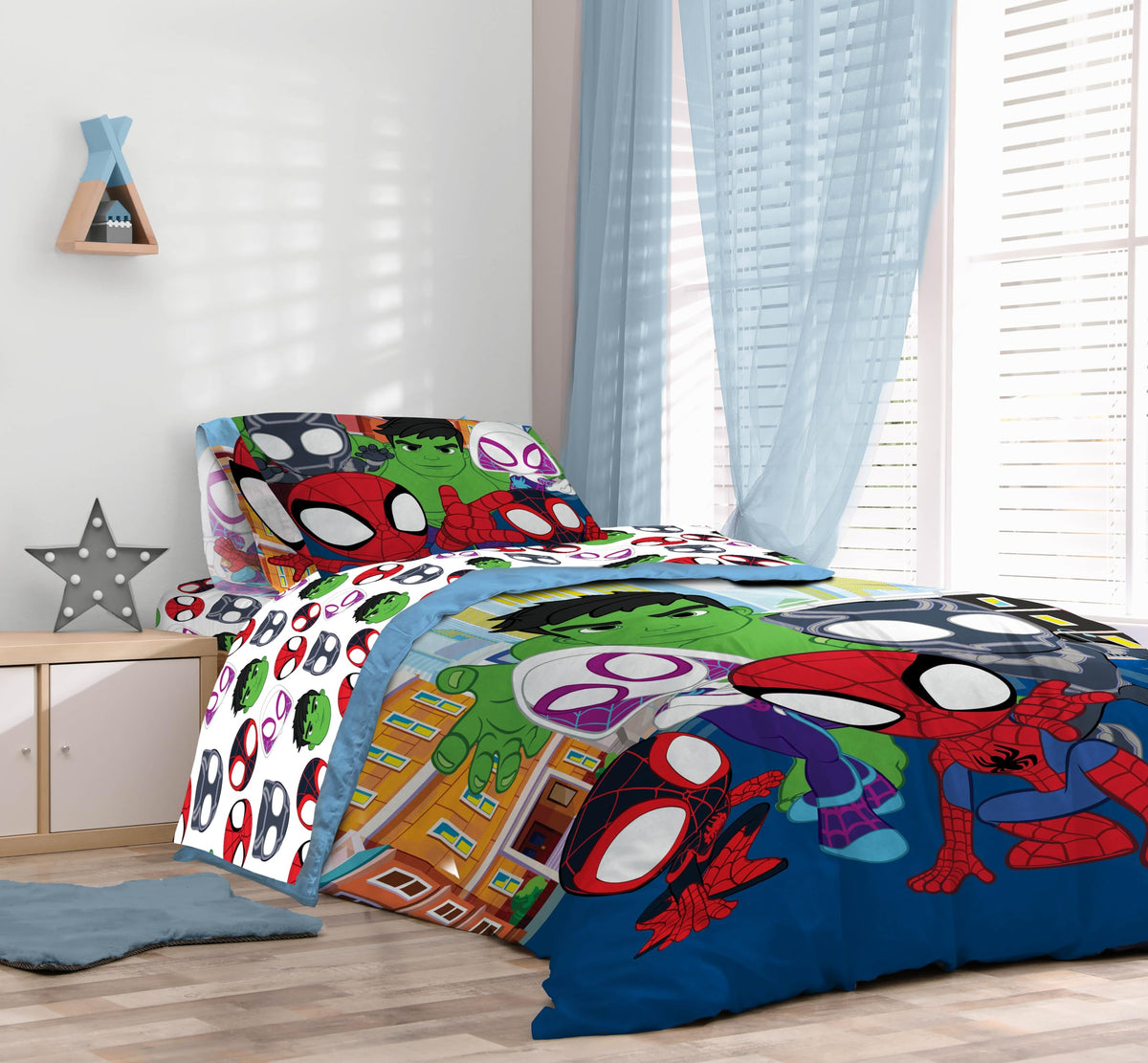 Sunny Side Up Spidey & Friends characters graphic highlighting imagination and bedtime stories