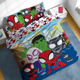 Sunny Side Up Spidey & Friends comforter close-up with bold superhero art for cozy nights