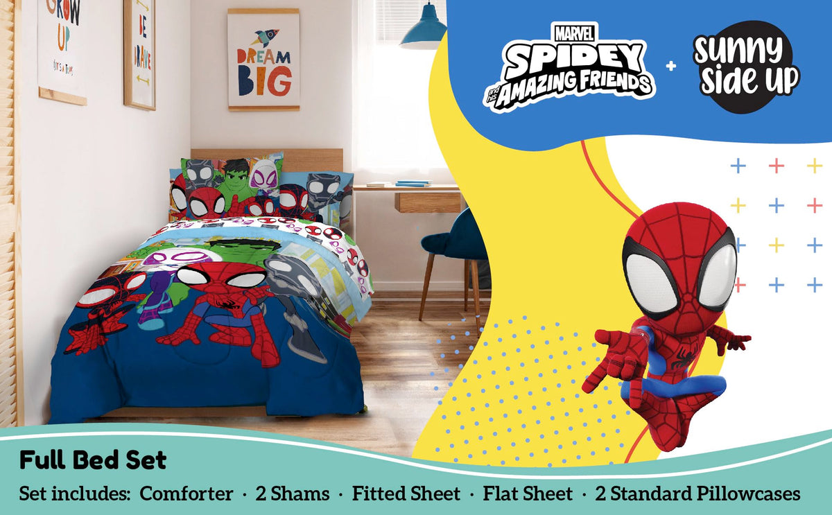 Sunny Side Up Spidey & Friends fitted sheet featuring vibrant Marvel graphic for year-round comfort