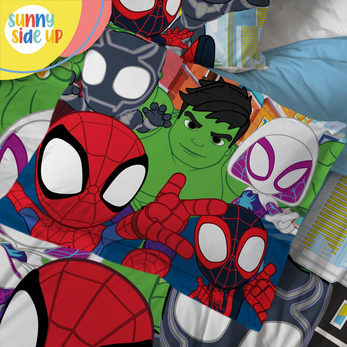 Sunny Side Up Spidey & Friends full bed set image showing the complete bedding ensemble