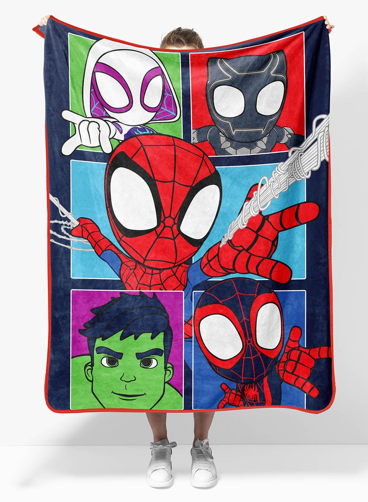 Sunny Side Up Spidey Friends travel blanket front view for cozy on-the-go travel