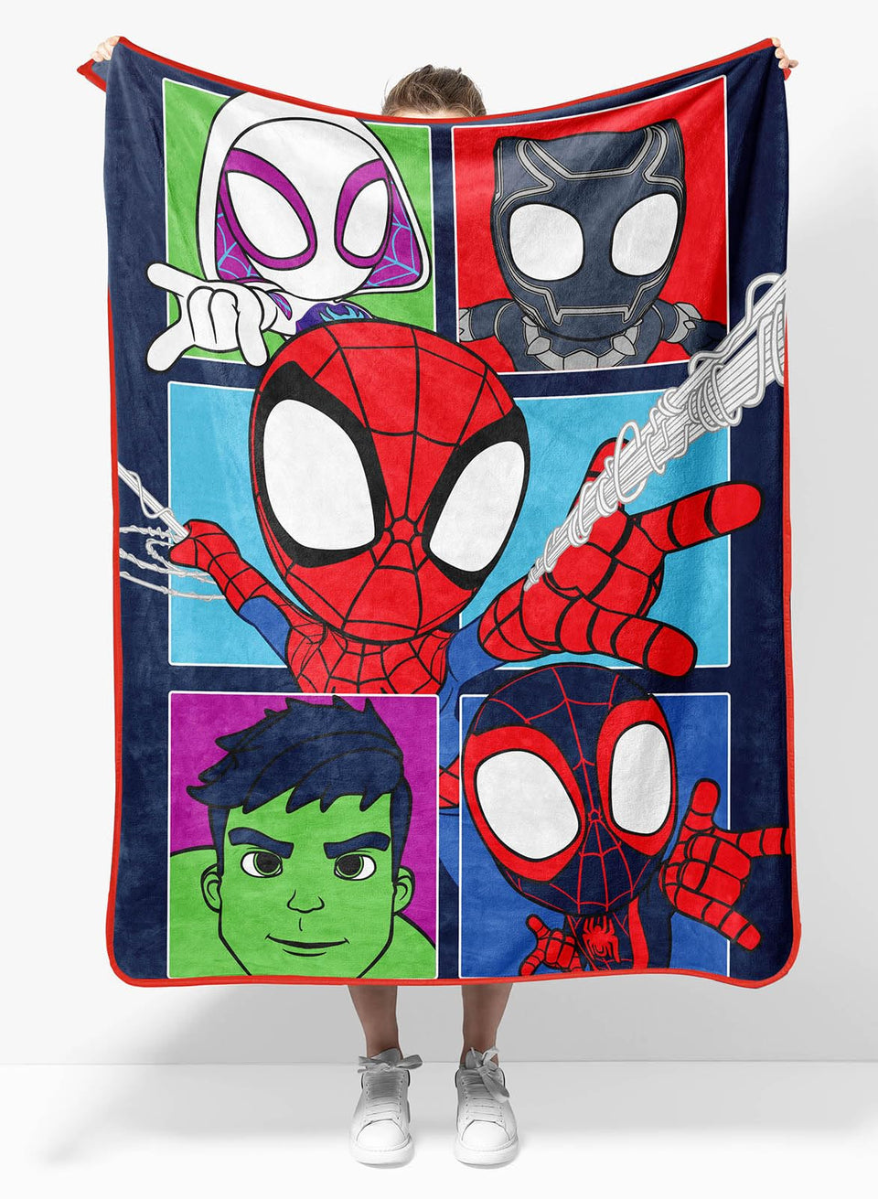 Sunny Side Up Spidey Friends travel blanket front view for cozy on-the-go travel