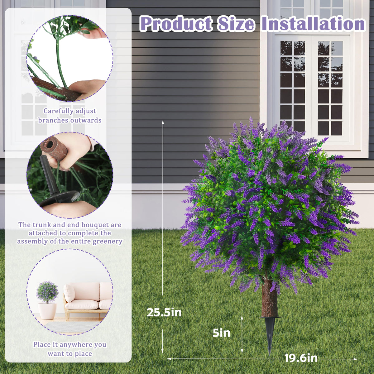 Sunnyglade lavender topiary ground spike enables stable outdoor placement without tools