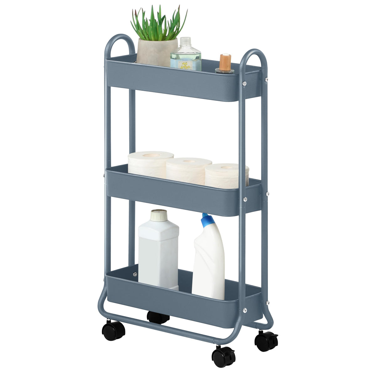 SunnyPoint slim rolling cart, 3-tier blue finish, ideal for compact bathroom storage and towels.