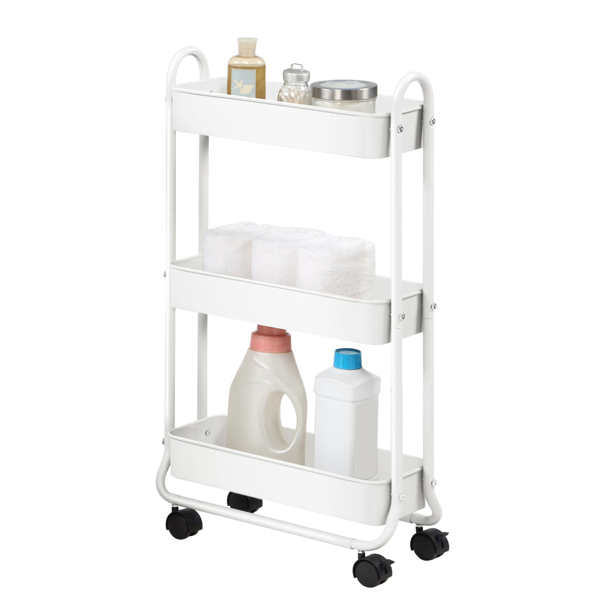SunnyPoint Slim Rolling Cart front view, space-saving 3-tier design for tight bathrooms.