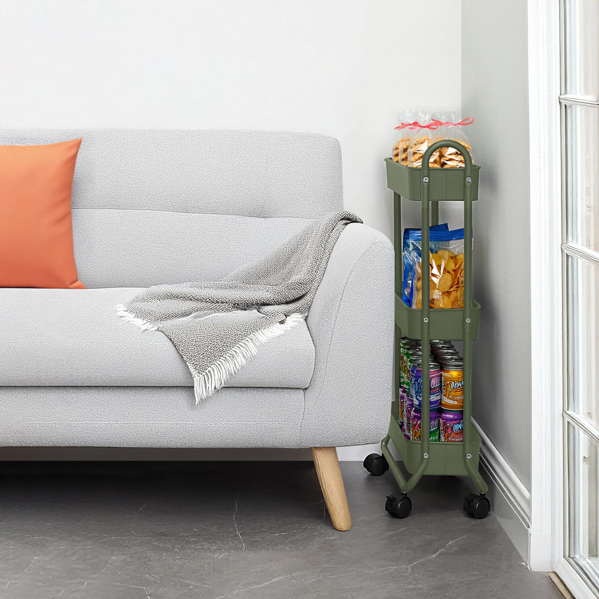 SunnyPoint Slim Rolling Cart front view highlights easy access and smooth wheels
