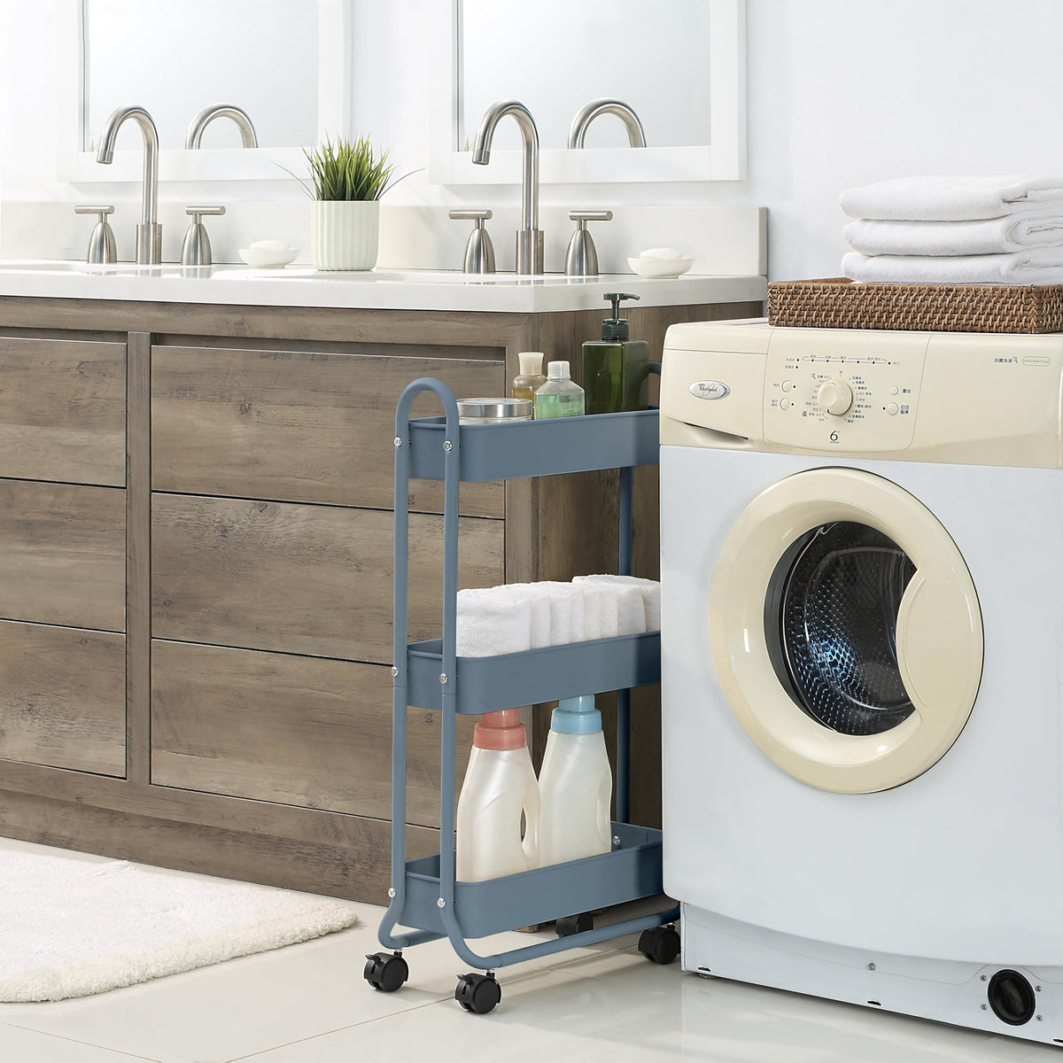SunnyPoint slim rolling cart for kitchen utility, stores spices, cleaning sprays, and towels within reach.