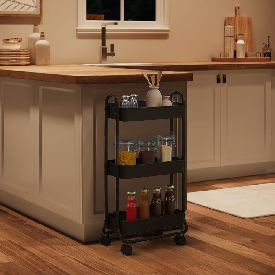 SunnyPoint slim cart shown between toilet and sink, space-saving solution.
