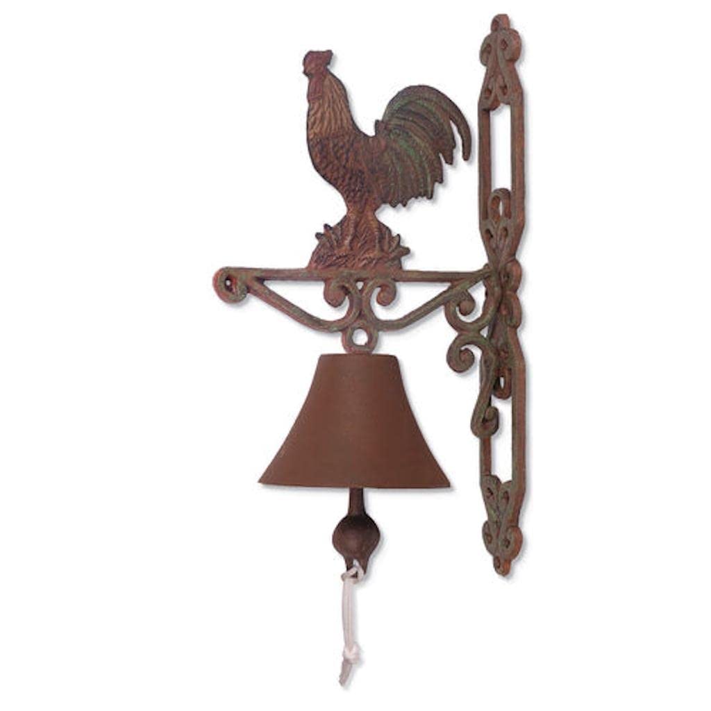 Sunset Vista Designs rooster cast iron bell, showing 14-inch height for outdoor or indoor display.