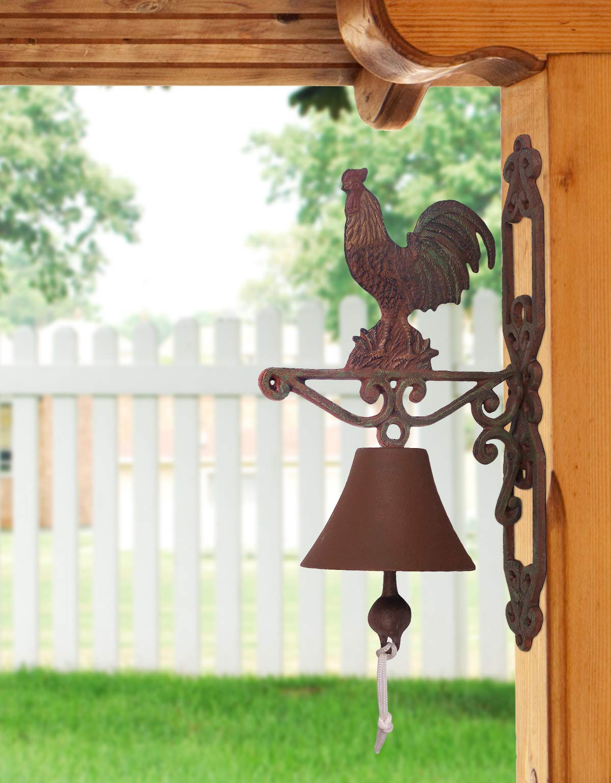 Rooster bell with decorative plate by Sunset Vista Designs adds durable charm for porches.
